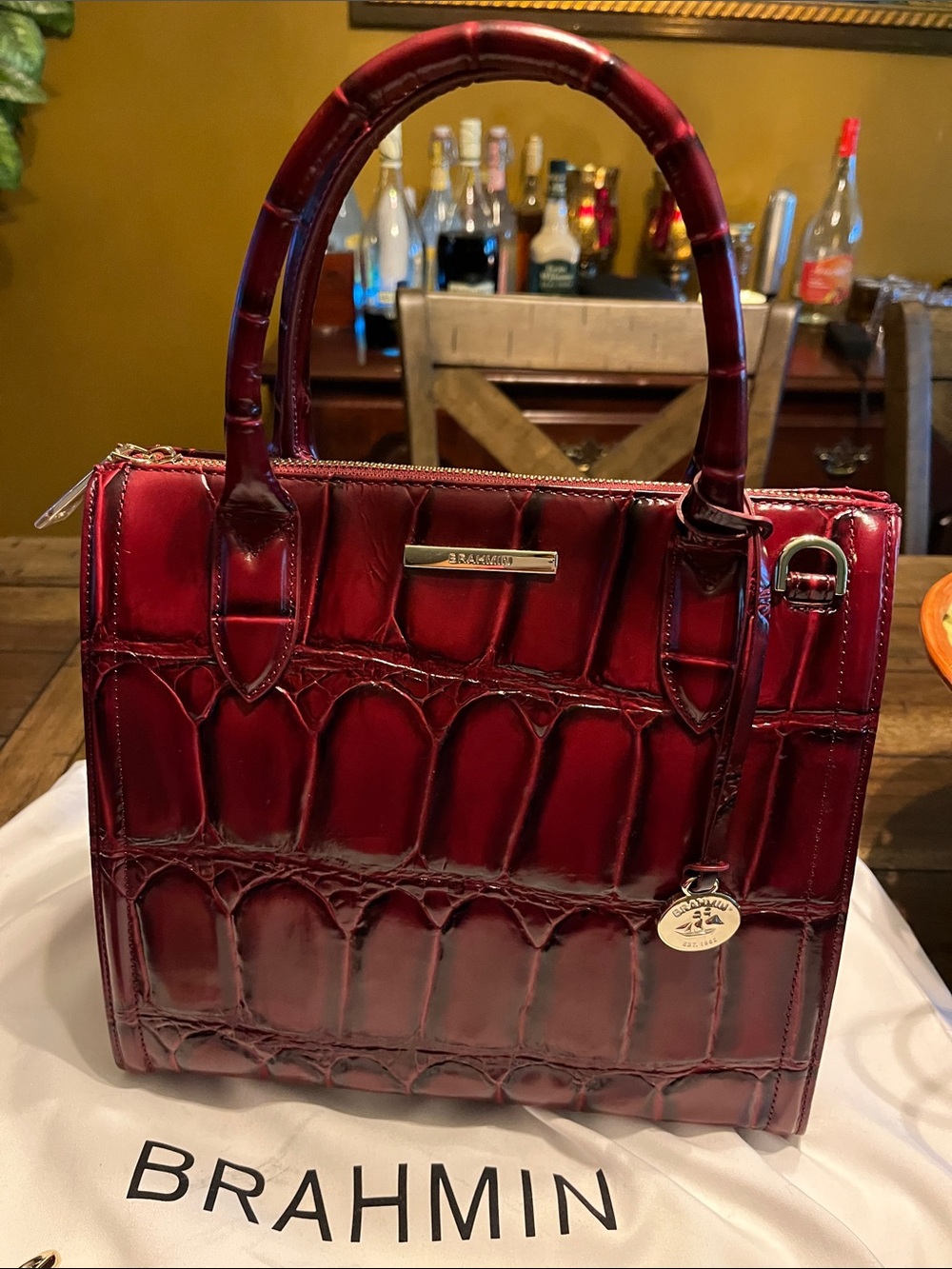 Brahmin Deep Burgundy Croc-Embossed Leather Satchel